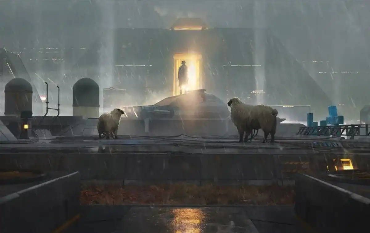 Deux moutons sur un toit sous la pluie avec une silhouette humaine en fond