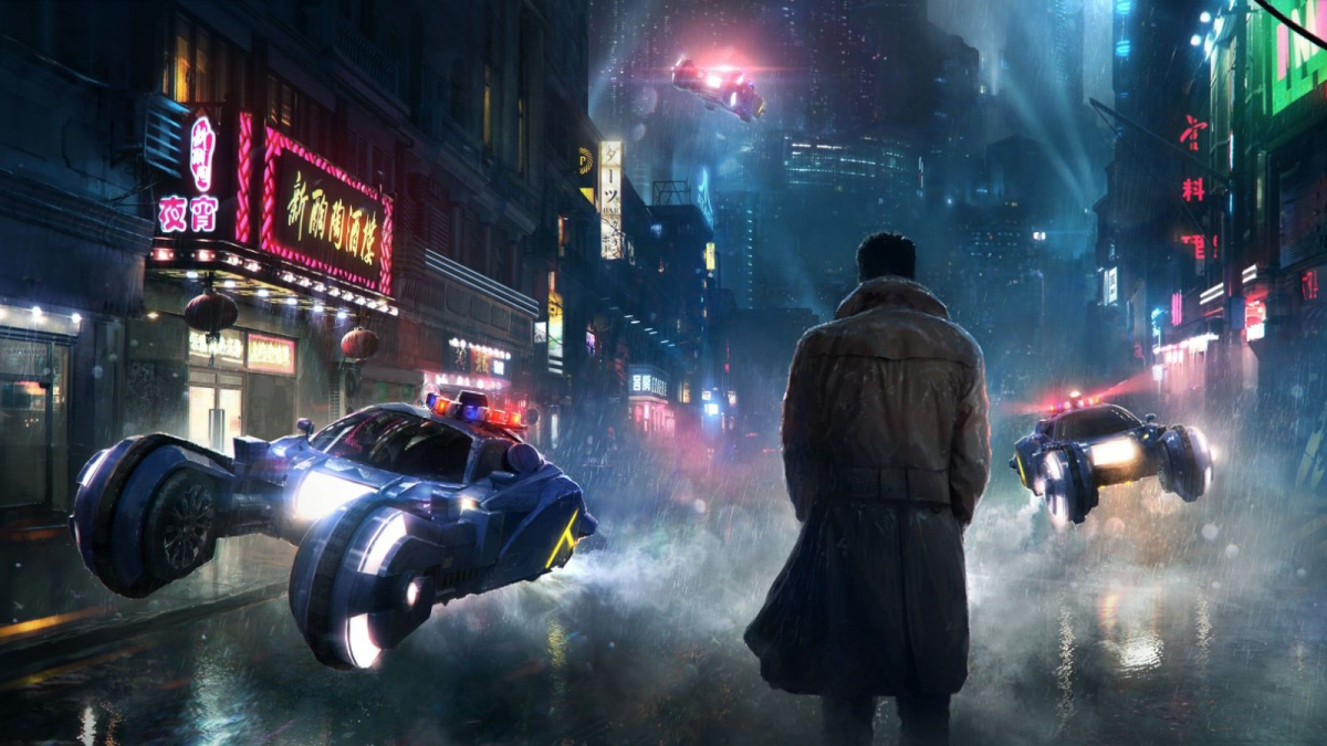 Homme dans un monde futuriste avec des voitures volantes