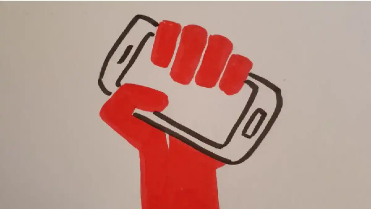 Dessin d'une main rouge levée tenant un téléphone