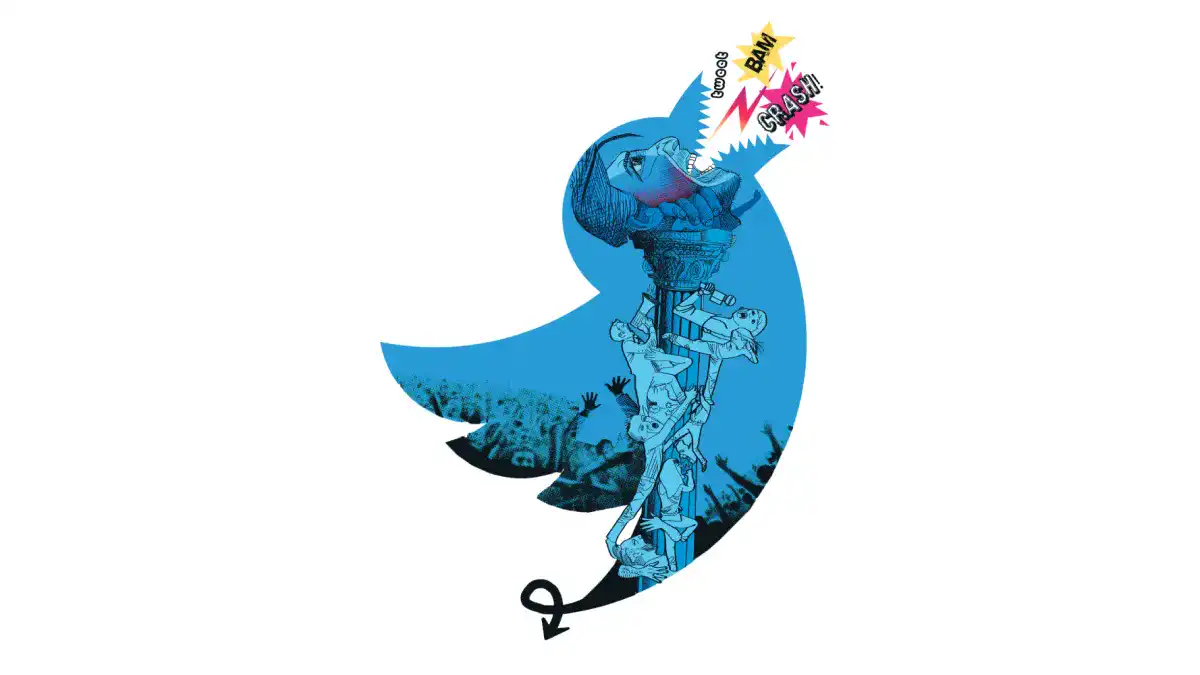 Logo twitter détourné où la bouche de l'oiseau est celle d'un homme avec des dents pointues qui dit des choses choquantes