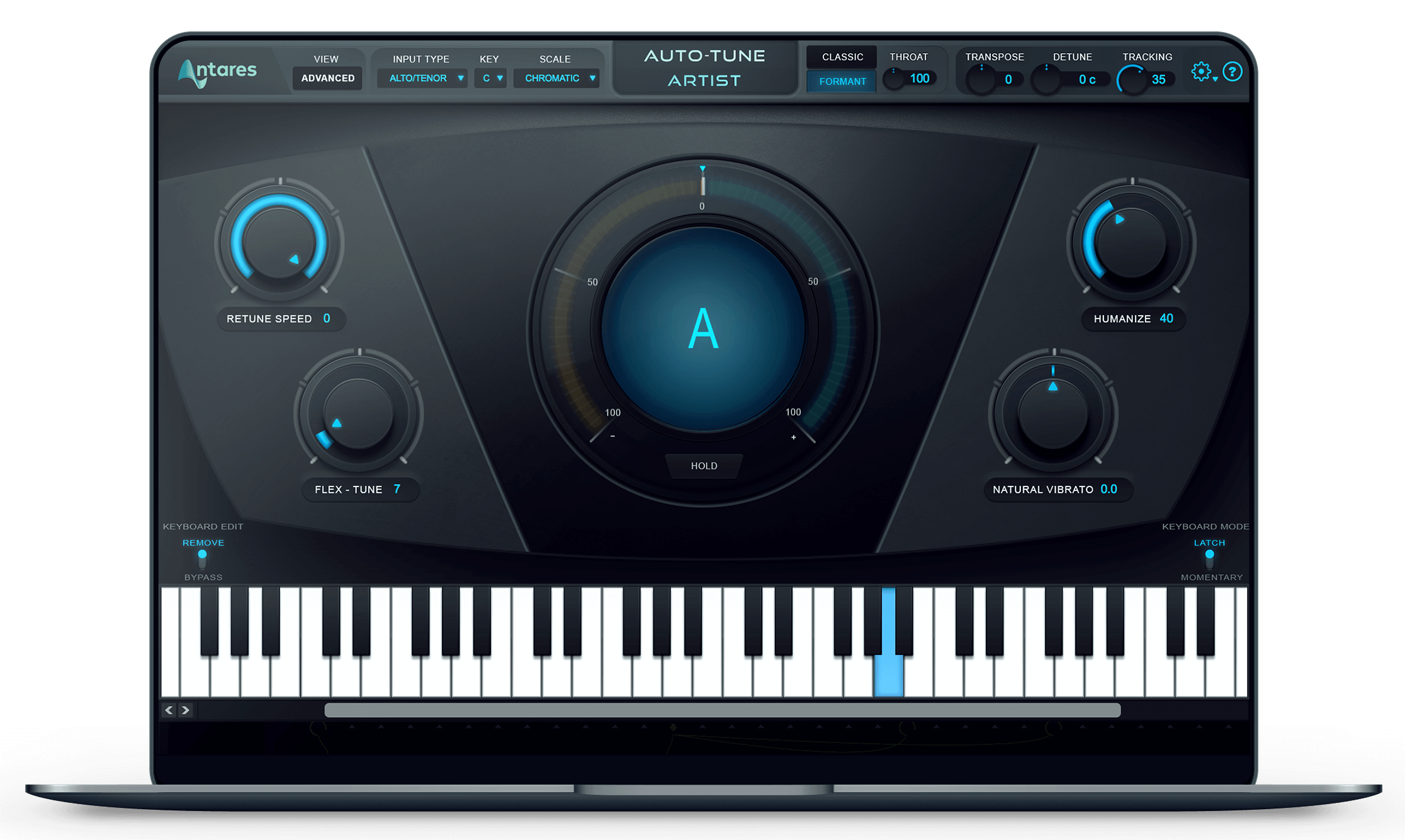 Interface du logiciel Autotune, touches de piano et boutons réglables sur fond gris foncé
